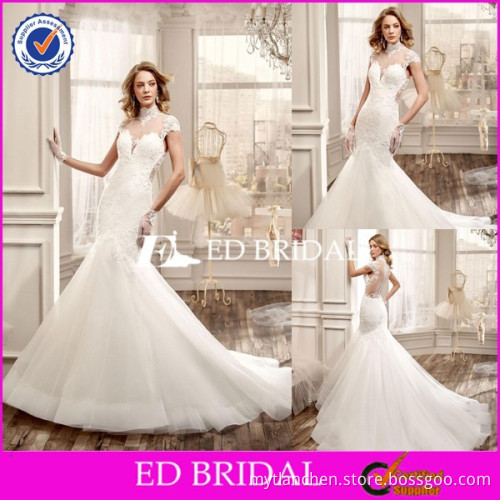 CE1102 Newest 2016 Sexy Cap Sleeve See Through Back High Neck Lace Mermaid Wedding Dress